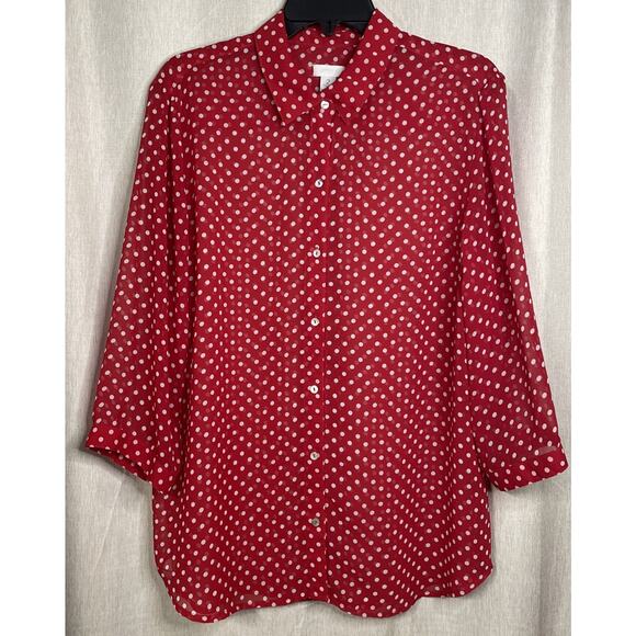 Chico's Women's Size 2 Blouse - Red w/White Polka Dots - Sheer 3/4 Sleeve - Picture 1 of 3